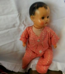 16 INCH 1940S UNMARKED COMPO HEAD BABY DOLL, CLOTH BODY, SPEAKER, PINK SLEEPER